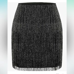 MANER Women’s Fringe Skirt Stretchy Sparkly Bodycon Tassel Trim Mini Skirt